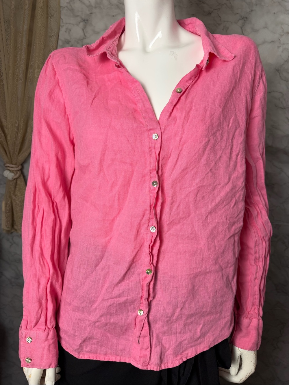 100% Linen Bright Coral Pink Iridescent Buttons Long Sleeve Shirt XL Coastal